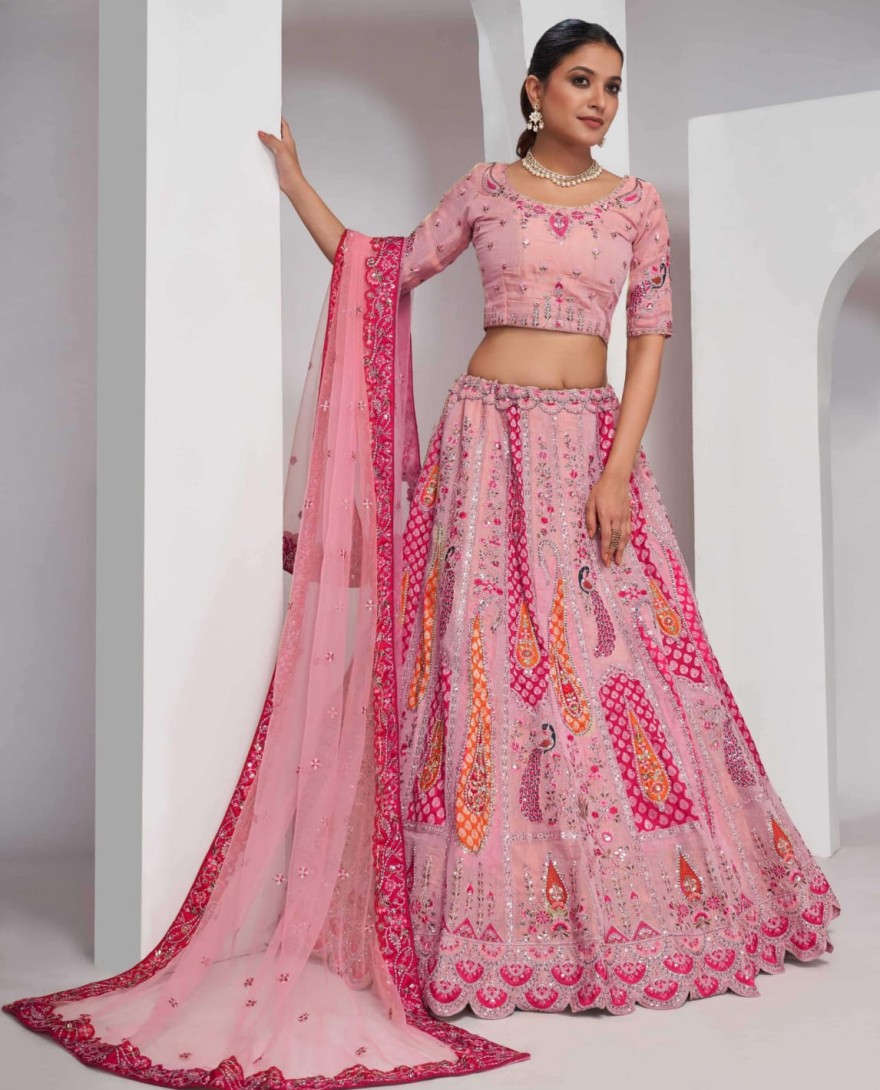 484pink - Elegant Rose Pink Silk Lehenga Choli with Peacock & Paisley Motifs